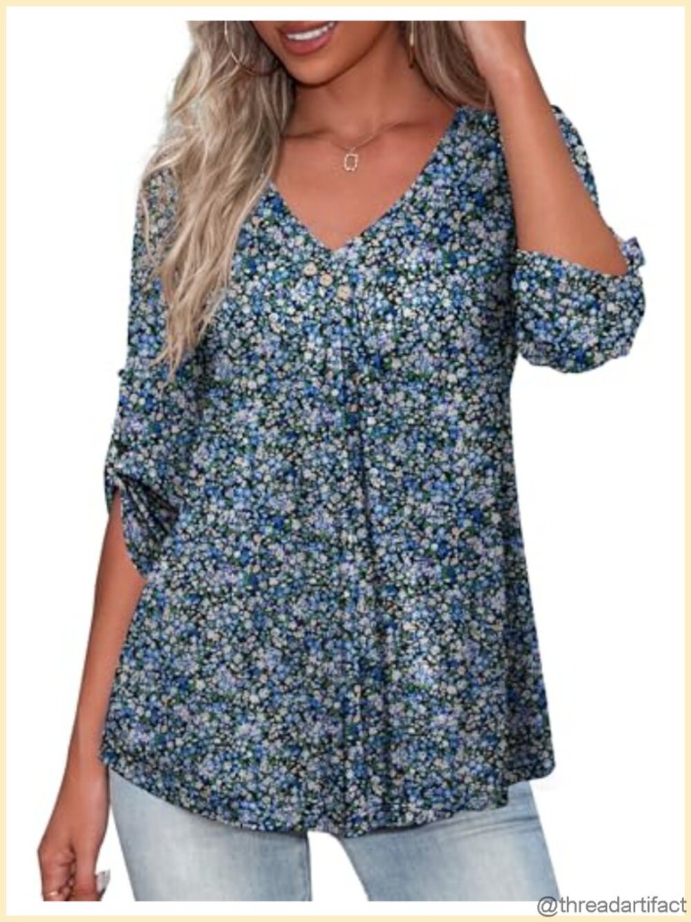 Womens Plus Size 3/4 Roll Sleeve V Neck Tunic Blouse Loose Fit Work Top
